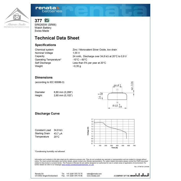 Renata 377 SR626SW Battery
