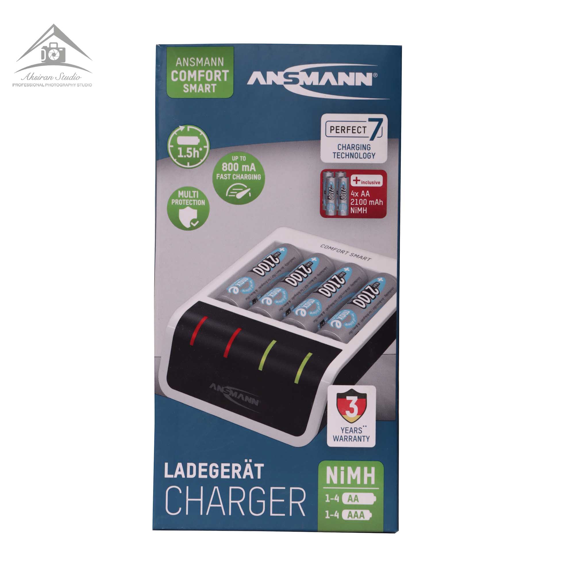 شارژر باتری آنسمن مدل کامفورت اسمال + 4 عدد باتری قلمی شارژی 2100 میلی آمپر ساعت