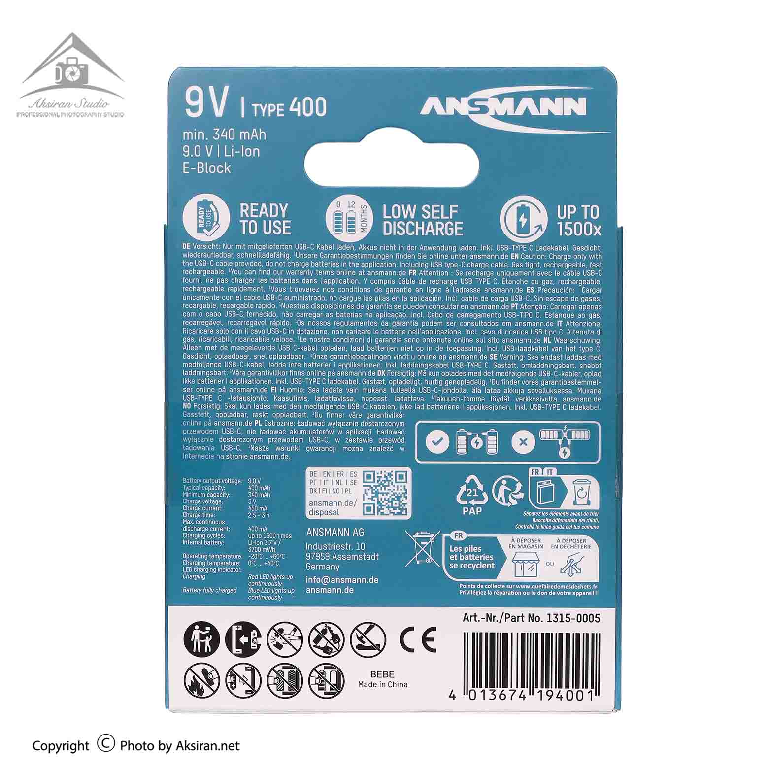 Ansmann 9V 400mAh USB-C rechargeable Li-ion battery